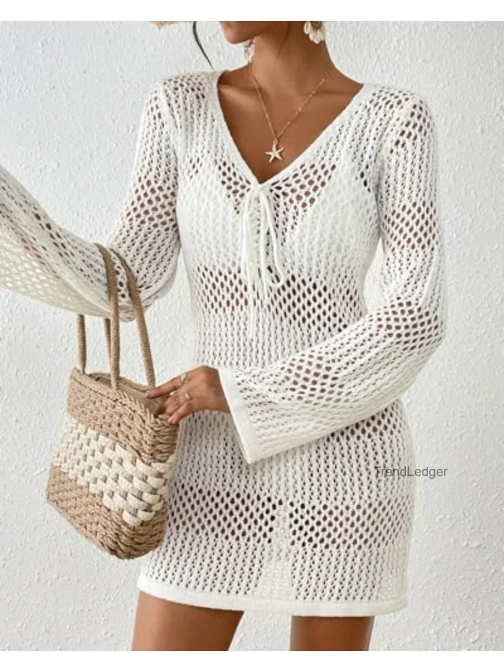 Crochet Coverup Long Sleeve V Neck Knit Beach Bathing Suit Cover Up Mesh Hollow